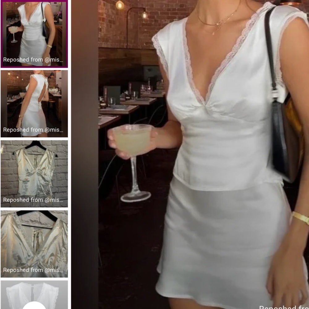 Commense White Satin Lace Skirt Set